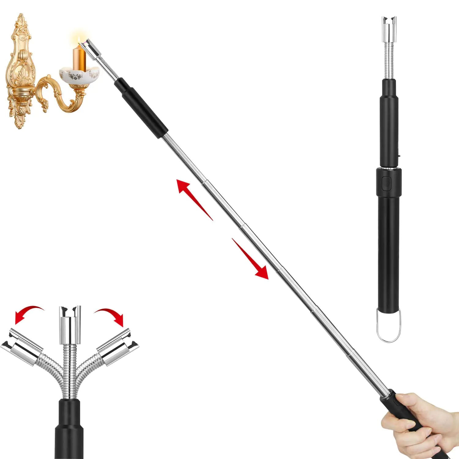 Long Retractable Electric Arc Lighter (Black) - USB Rechargeable