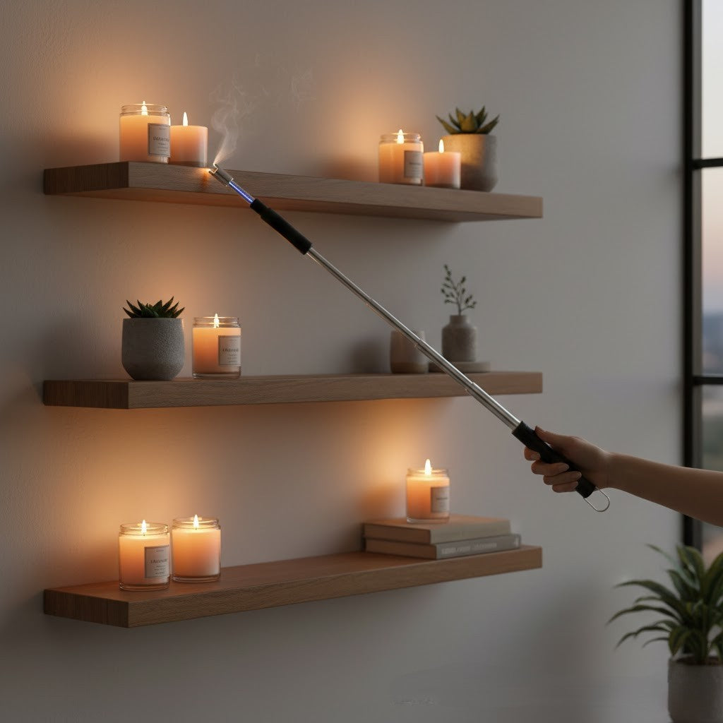 Person using a long lighter to light candles on wooden shelves.