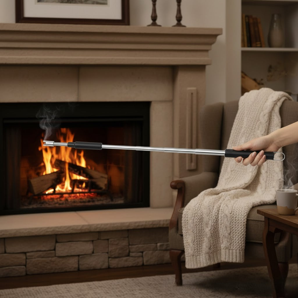 Person using a fireplace poker in front of a lit fireplace with a cozy living room setting.